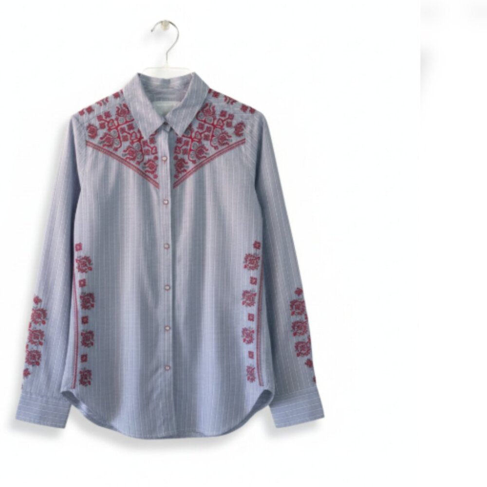 Johnny Was 3J Workshop Shirt Womens S Blue Stripe Embroidered Button Up
